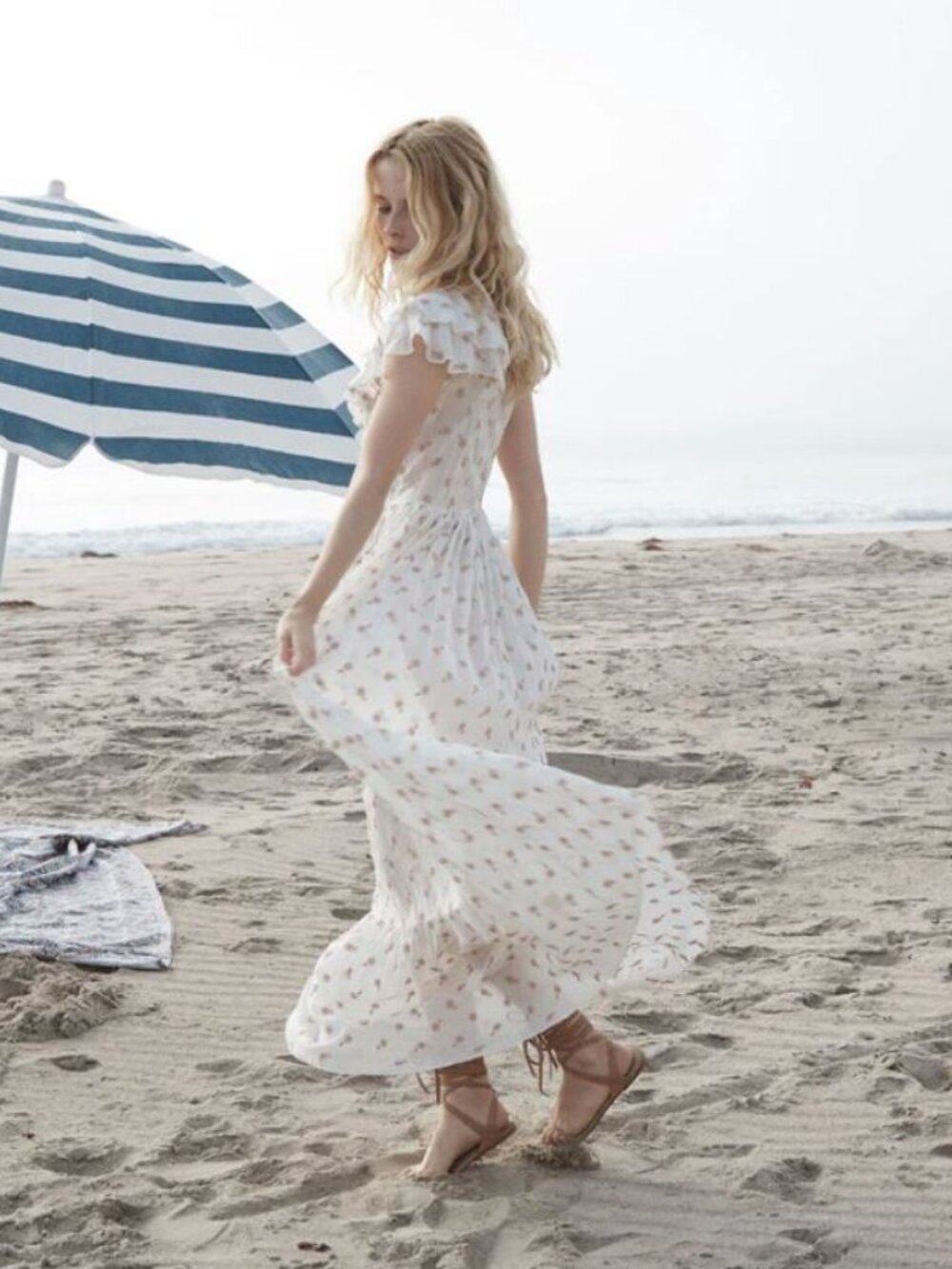 Doen Flora Embroidered Mesh Maxi Dress Ruffled Sleeves in Salt Sz S